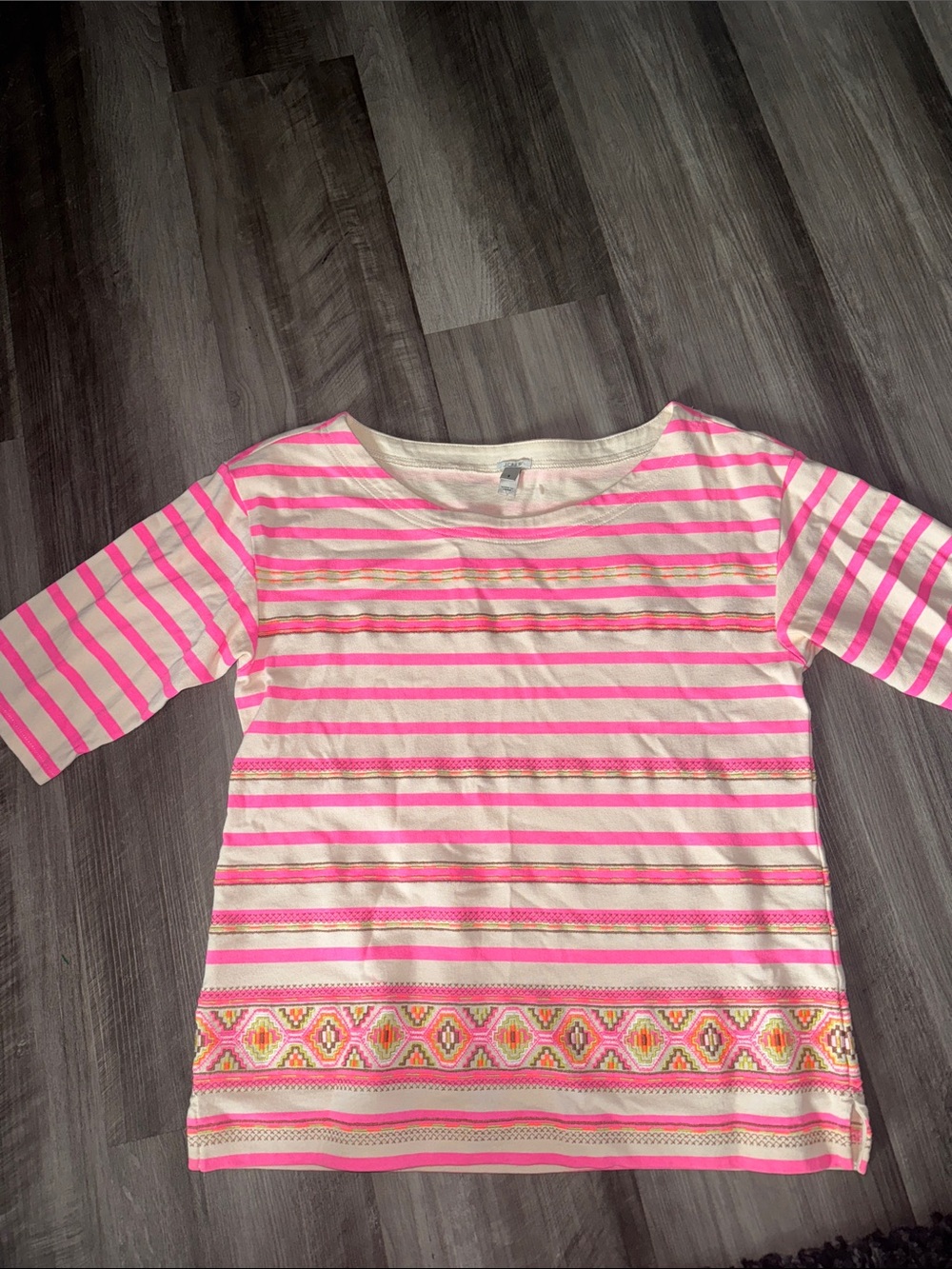 J Crew Top Womens small Neon Pink Striped Aztec Knit Embroidered Shirt